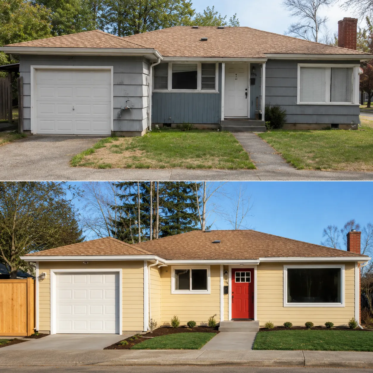 Home exterior remodel — before and after with new paint, landscaping, and red front door