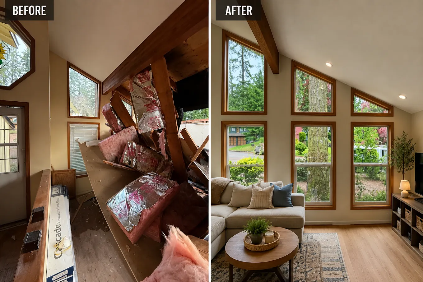 Living room remodel — before and after with vaulted ceiling, new windows, and modern finishes